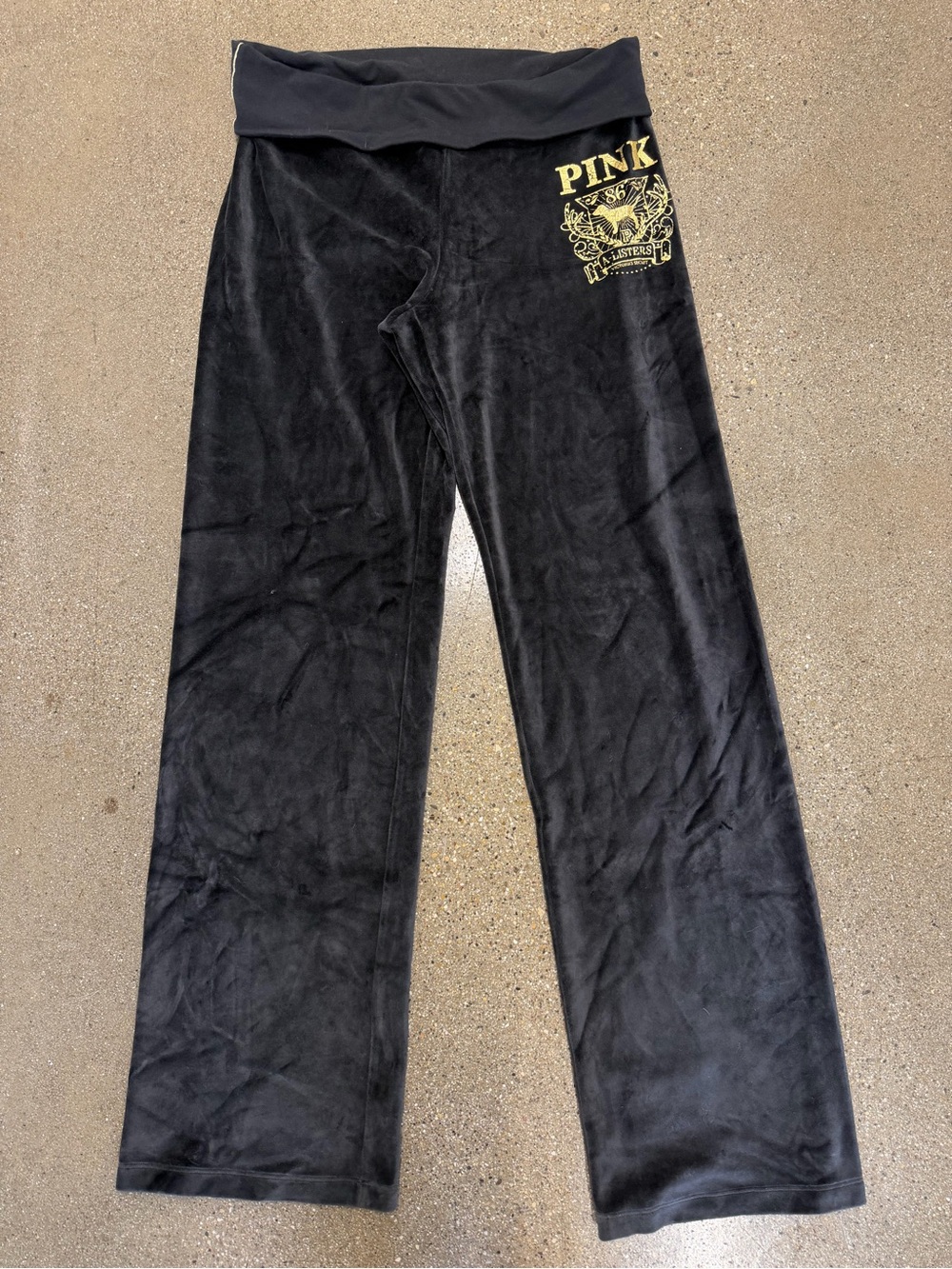 Victoria Secret Pink Velour Pants Wide Leg Black Gold Women Medium Fold Vintage